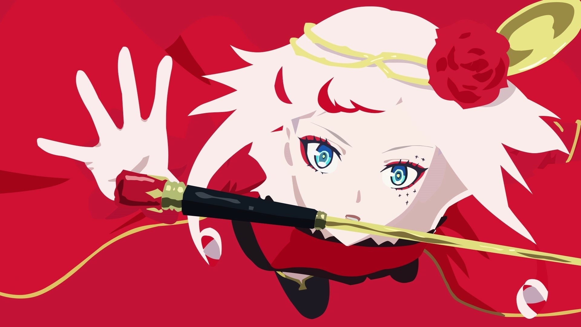 Minimalist anime-style HD desktop wallpaper featuring a dynamic character from Takt Op. Destiny with striking blue eyes, white hair, and a red rose accessory.