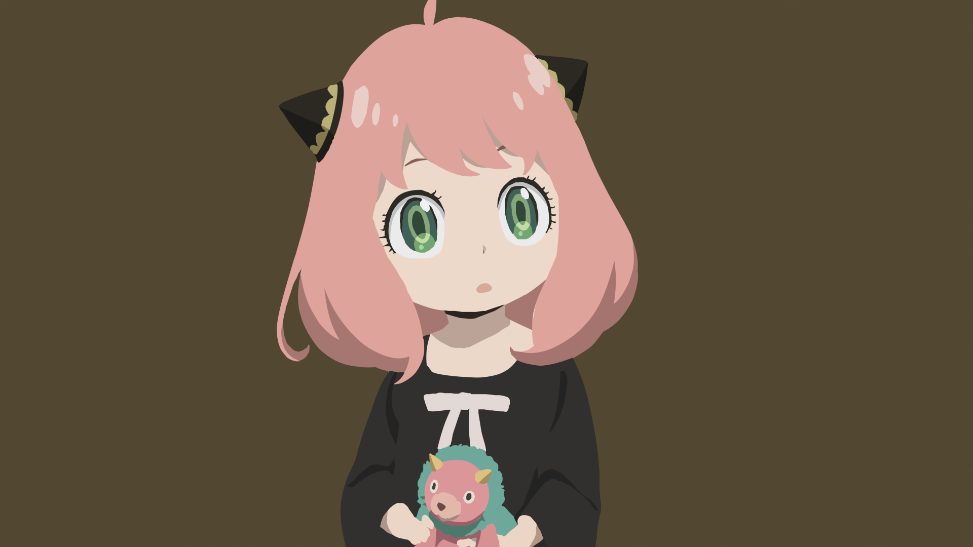 Minimalist 4K Ultra HD anime wallpaper featuring Anya Forger from Spy x Family with soft colors and simple design on a muted brown background.