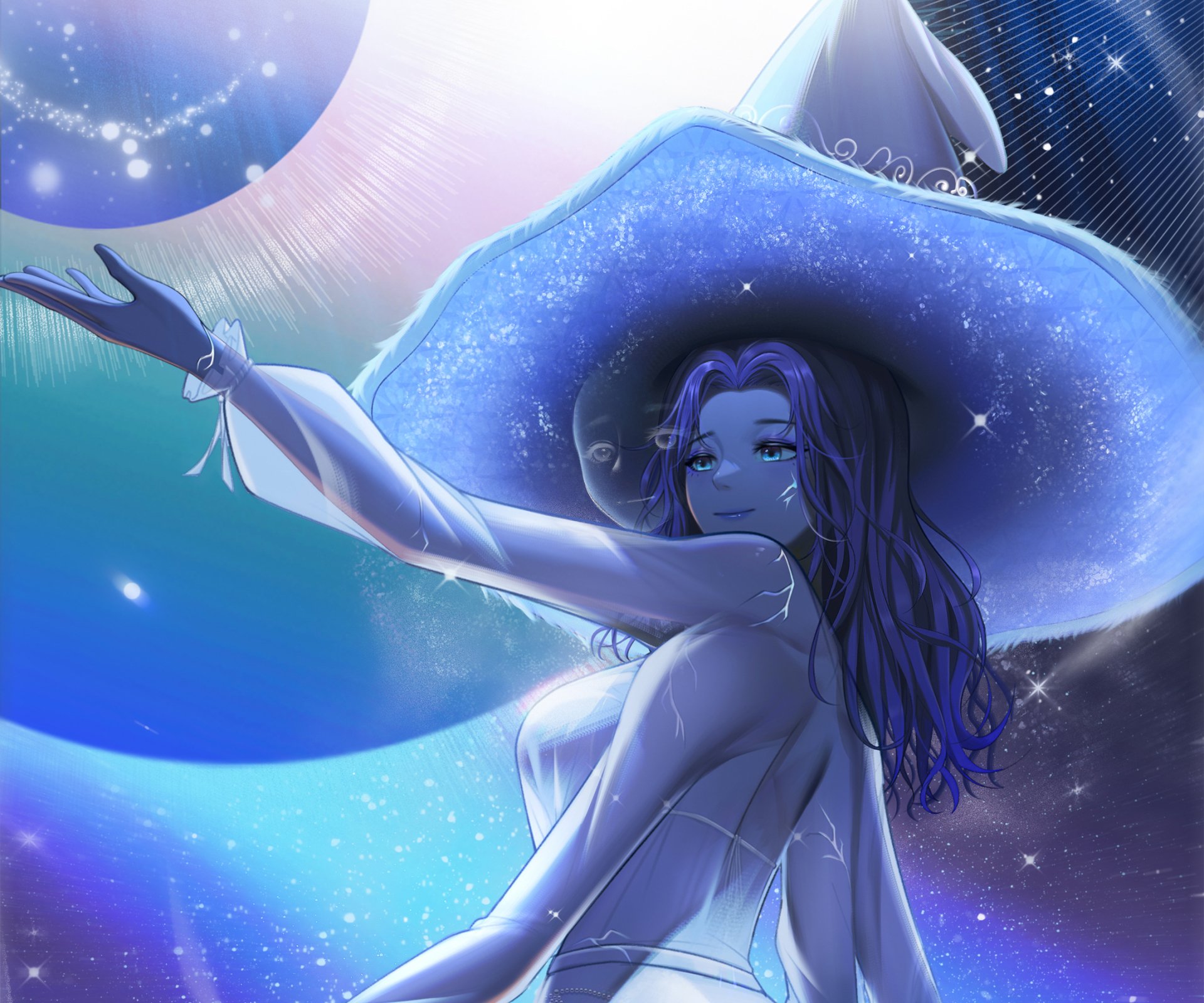 Ranni the Witch from the video game Elden Ring — HD PC desktop wallpaper: moonlit blue portrait with a wide-brimmed hat, flowing hair and an outstretched arm against a starry, cosmic backdrop.
