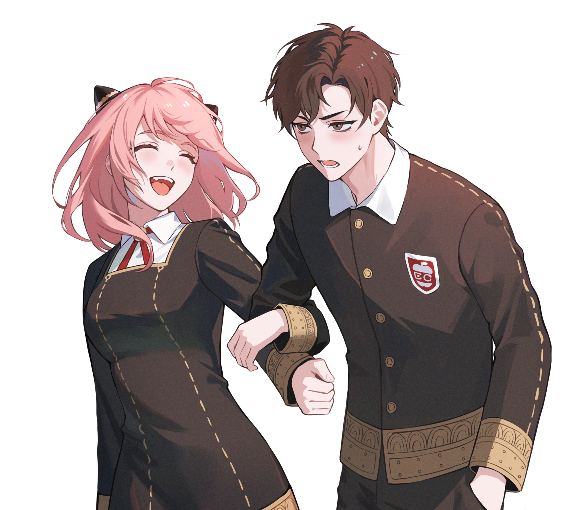 HD anime wallpaper featuring Damian Desmond and Anya Forger from Spy x Family, both in school uniforms with expressive poses against a plain background.