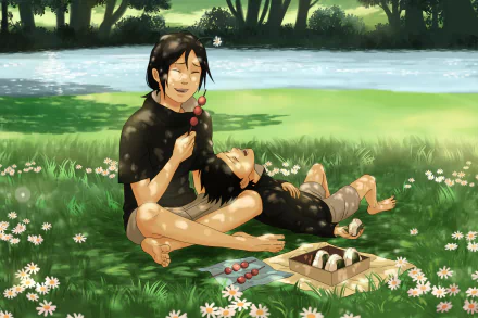 HD anime wallpaper featuring Sasuke and Itachi Uchiha from Naruto sharing a peaceful picnic by a river, surrounded by greenery and flowers.