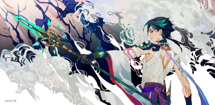 Xiao (Genshin Impact) wielding his polearm amid teal-and-white swirling energy — 2K Quad HD PC desktop wallpaper/background, video game art.