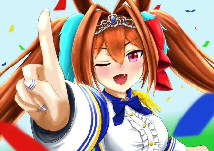 Daiwa Scarlet (Uma Musume: Pretty Derby) winking and pointing with colorful confetti — anime 4K Ultra HD PC desktop wallpaper/background.