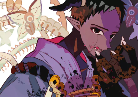 Anime HD PC desktop wallpaper/background from Toilet-bound Hanako-kun: close-up of an elf-eared character in purple light, ornate robes and prayer beads, intense gaze over floral and skeletal motifs.