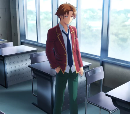 HD anime wallpaper featuring Kiyotaka Ayanokōji from Classroom of the Elite standing in a sunlit classroom with rows of desks and large windows.