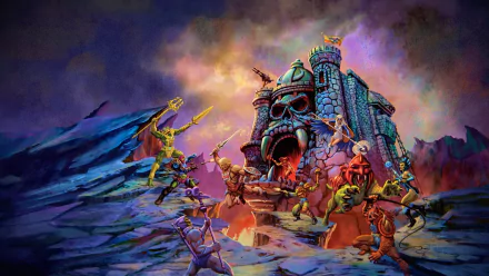 HD PC desktop wallpaper and background of the TV show He-Man and the Masters of the Universe: heroes and villains clash before the skull-faced Castle Grayskull beneath a dramatic, colorful sky.