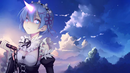 Rem (Re:ZERO) anime maid with glowing horn gazing at a starlit twilight sky — HD PC desktop wallpaper and background from Re:Zero - Starting Life in Another World