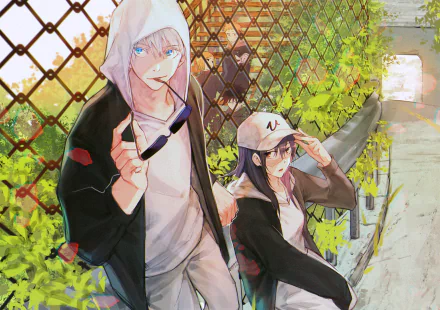 HD PC desktop wallpaper featuring Utahime Iori and Satoru Gojo from the anime Jujutsu Kaisen, set against a sunlit, leafy urban background.