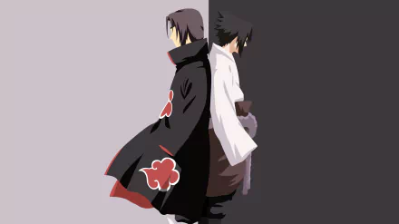 Minimalist 8K Ultra HD wallpaper featuring Sasuke and Itachi Uchiha from Naruto, showcasing a striking contrast between their outfits and expressions.