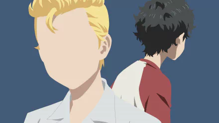Minimalist 4K Ultra HD PC desktop wallpaper of Takemichi Hanagaki from Tokyo Revengers: simplified anime silhouettes — faceless blond in white and dark-haired figure turned away.