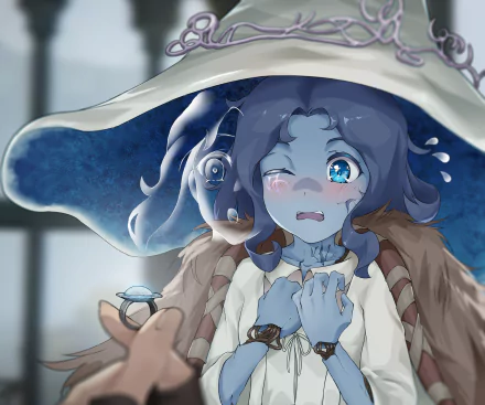 HD PC desktop wallpaper featuring Ranni the Witch from the video game Elden Ring, depicted with expressive blue eyes and her signature wide-brimmed hat.