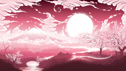 A 4K Ultra HD fantasy landscape wallpaper featuring a glowing sun, cherry blossom trees, and a dreamy pink sky with swirling clouds.
