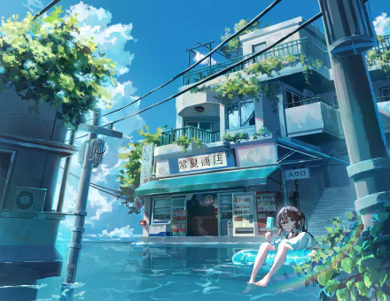 Anime girl sitting beside a seaside shop in a sunlit coastal town — 4K Ultra HD PC desktop wallpaper and background featuring bright blue sky, turquoise water, and detailed anime-style buildings.