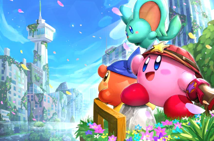 HD desktop wallpaper featuring Kirby and characters from the video game Kirby and The Forgotten Land in a vibrant, colorful post-apocalyptic landscape.