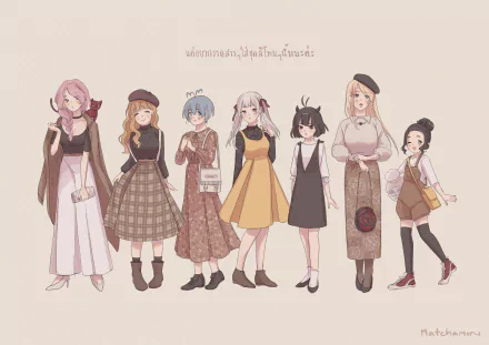 Anime-style HD PC wallpaper featuring seven Black Clover characters standing in a row with varied outfits and expressions on a light beige background.