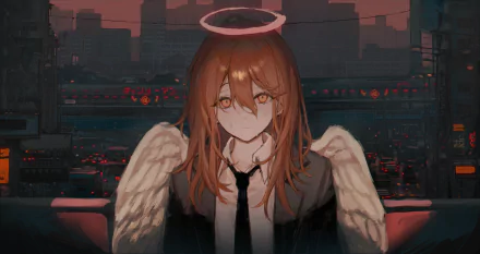Angel Devil (Chainsaw Man) anime: haloed, winged girl with brown hair and solemn eyes against a dark city skyline — 2K Quad HD PC desktop wallpaper and background.