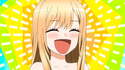 Marin Kitagawa from the anime My Dress-Up Darling, laughing with eyes closed — HD PC desktop wallpaper/background featuring a bright yellow-green radial burst behind her.