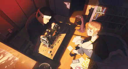 An artistic HD desktop wallpaper featuring Marin Kitagawa and Wakana Gojo from My Dress-Up Darling, capturing a sewing scene filled with creativity and connection.