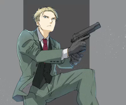 HD PC desktop wallpaper featuring Loid Forger from the anime Spy x Family, depicted in a suit aiming a pistol with a determined expression.
