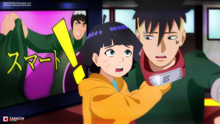HD PC desktop wallpaper of Kawaki and Himawari Uzumaki (Boruto) — Kawaki holding a startled Himawari in an anime-style living-room scene.
