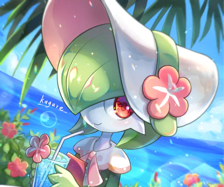 HD desktop wallpaper featuring Gardevoir from Pokémon: Sun and Moon, set against a bright tropical background with vibrant colors and a summery vibe.