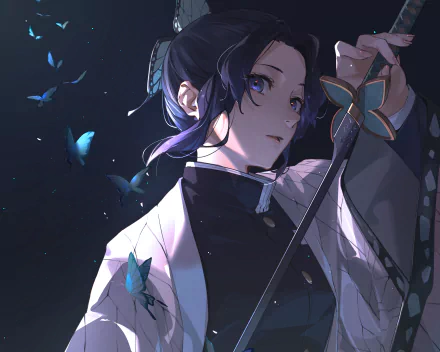 HD anime wallpaper featuring Shinobu Kochou from Demon Slayer: Kimetsu no Yaiba, surrounded by glowing blue butterflies against a dark background.