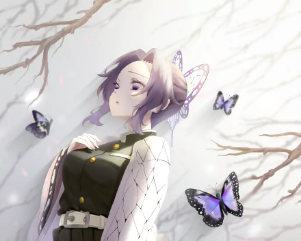 Shinobu Kochou (Anime, Demon Slayer: Kimetsu no Yaiba) 2K Quad HD PC desktop wallpaper/background: serene profile amid butterflies and pale branches.