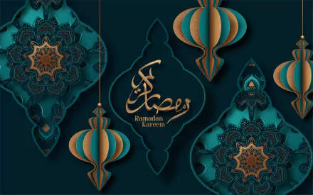 Religious Ramadan HD PC desktop wallpaper: teal and gold ornate lanterns, intricate Islamic geometric patterns and Arabic Ramadan Kareem calligraphy on a dark teal background.
