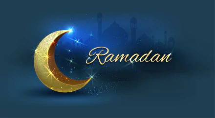 4K Ultra HD desktop wallpaper featuring a glowing golden crescent moon and sparkling stars with a mosque silhouette and Ramadan text, symbolizing the religious observance.