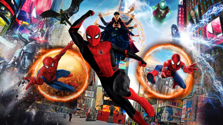 HD desktop wallpaper of Spider-Man (Peter Parker) swinging through NYC alongside two other Spider-Men and Doctor Strange casting portals — Spider-Man: No Way Home movie art.