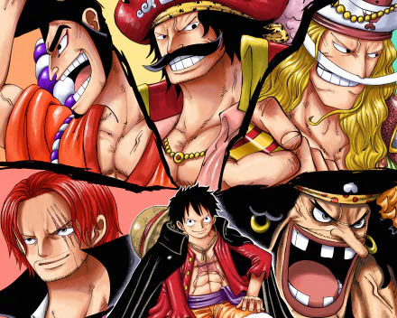 4K Ultra HD One Piece wallpaper featuring Gol D. Roger, Edward Newgate, Kozuki Oden, Marshall D. Teach, Shanks, and Monkey D. Luffy in a dynamic anime-style composition.