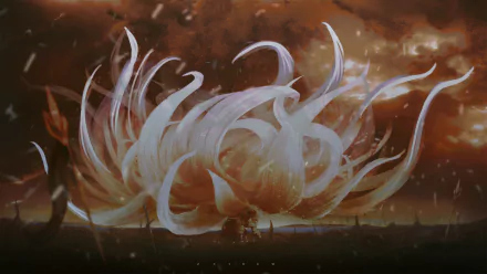 HD PC desktop wallpaper featuring Starscourge Radahn from the video game Elden Ring, showcasing a dramatic and fiery scene with swirling white energy.