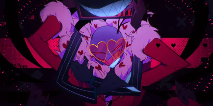 HD PC wallpaper: Vox and Valentino from the TV show Hazbin Hotel — Vox with glowing heart-shaped goggles and grin, Valentino looming behind in a crimson fur coat.