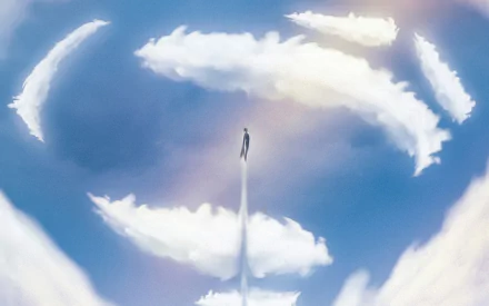 Comic-style Superman rises through a bright blue sky, leaving a glowing flight trail amid stylized clouds — HD PC desktop wallpaper/background.