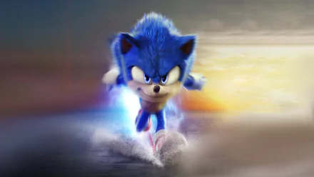 4K Ultra HD PC desktop wallpaper featuring Sonic the Hedgehog from the Sonic The Hedgehog 2 movie, captured mid-run with motion blur and a sunset background.