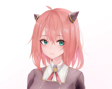 Anime-style HD PC desktop wallpaper featuring Anya Forger from Spy x Family with pink hair, cat ears, and expressive green eyes on a white background.