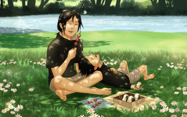 HD anime wallpaper featuring Sasuke and Itachi Uchiha from Naruto sharing a peaceful picnic by a river, surrounded by greenery and flowers.