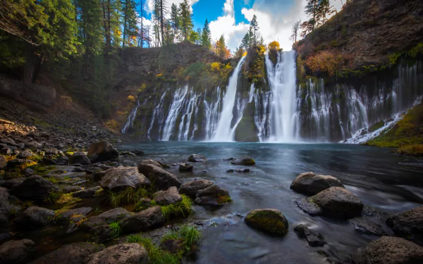 HD PC desktop wallpaper of Burney Falls: multi-tiered waterfall plunging into a clear pool, mossy rocks in foreground and pine trees framing a bright sky — nature background.