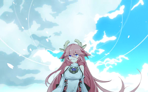 Yae Miko Guuji from Genshin Impact stands against a bright blue sky with clouds in this vibrant 4K Ultra HD PC desktop wallpaper.