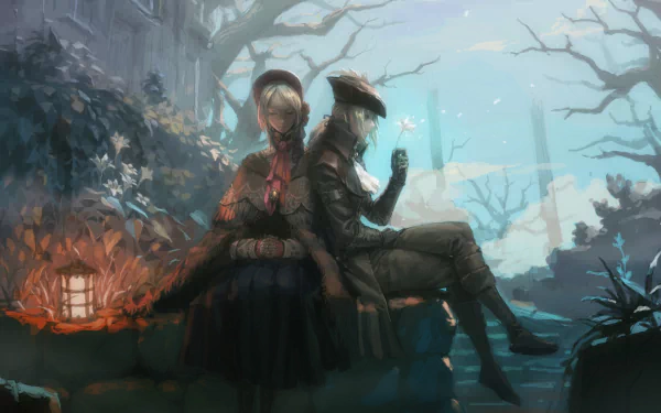 HD PC desktop wallpaper featuring Plain Doll and Lady Maria from the video game Bloodborne in a moody, atmospheric forest setting.
