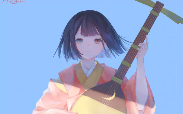 Anime-style Heike Monogatari character with heterochromia, holding a biwa against a pale blue sky — soft pastel 2K Quad HD PC desktop wallpaper/background.