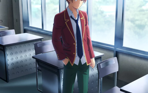 HD anime wallpaper featuring Kiyotaka Ayanokōji from Classroom of the Elite standing in a sunlit classroom with rows of desks and large windows.