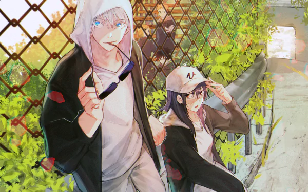 HD PC desktop wallpaper featuring Utahime Iori and Satoru Gojo from the anime Jujutsu Kaisen, set against a sunlit, leafy urban background.