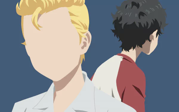 Minimalist 4K Ultra HD PC desktop wallpaper of Takemichi Hanagaki from Tokyo Revengers: simplified anime silhouettes — faceless blond in white and dark-haired figure turned away.