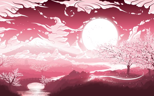 Fantasy Landscape Sun Cherry Blossom HD Wallpaper | Background Image