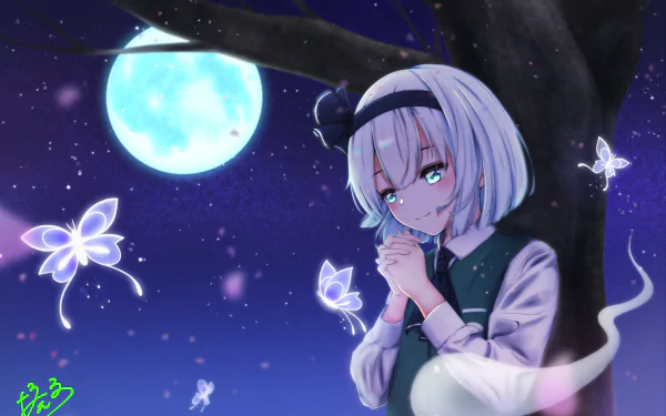 Youmu Konpaku (Touhou) anime 4K Ultra HD PC desktop wallpaper: silver‑haired Youmu beneath a moonlit tree, surrounded by glowing spirit butterflies and ethereal wisps in a blue‑purple night sky.