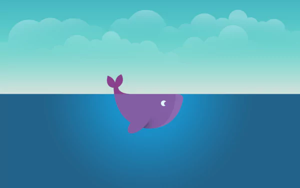 Minimalist fantasy whale floats calmly on a serene ocean under a soft, cloudy sky in this vibrant 8K Ultra HD PC desktop wallpaper and background.