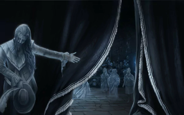 Harry Potter and the Chamber of Secrets 2K Quad HD PC wallpaper: a spectral figure pulls back heavy curtains to reveal ghostly figures gathered in a shadowy stone chamber.