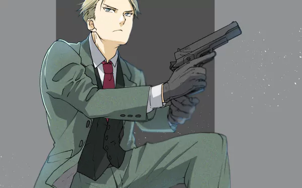 HD PC desktop wallpaper featuring Loid Forger from the anime Spy x Family, depicted in a suit aiming a pistol with a determined expression.