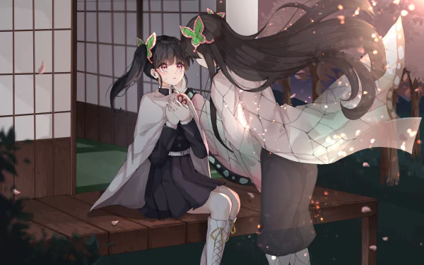 Anime-style 4K Ultra HD wallpaper featuring Kanae Kocho and Kanao Tsuyuri from Demon Slayer: Kimetsu no Yaiba in a serene traditional Japanese setting.